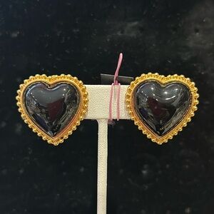 Vintage Black Heart Earrings with Matte Gold Border-boutique
